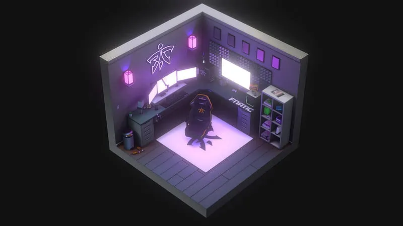 A computer generated image of a room with a person in it