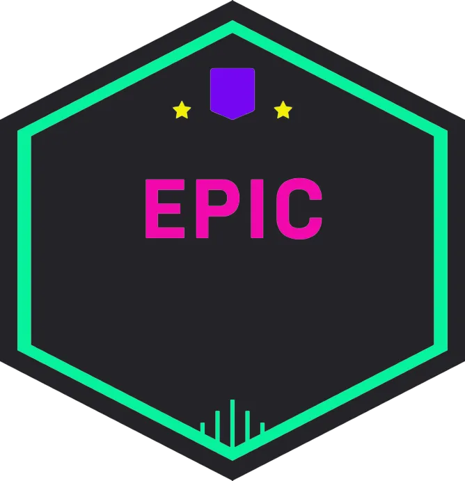 A black background with a neon green hexagon with the word epic on it