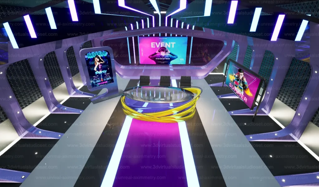 A futuristic looking room with a purple carpet and neon lights